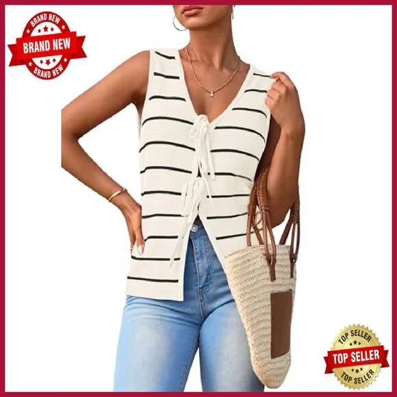 Crochet Knit V-Neck Tie Front Vest Tank Top Summer Beach Outfit